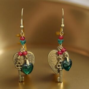 Vintage Banana Bob Heart & Key Earrings | Green Glass Hearts | Holiday